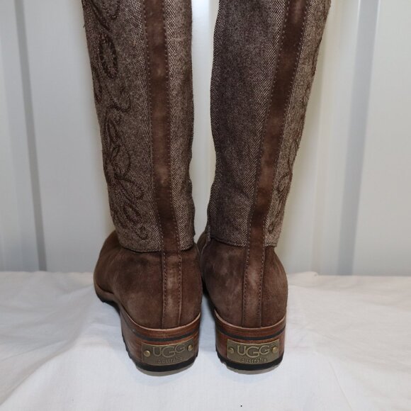 UGG Womens Ryder Tall Boots Embroidered Top Suede Sheepskin Size 9 Dark Brown - Picture 4 of 10